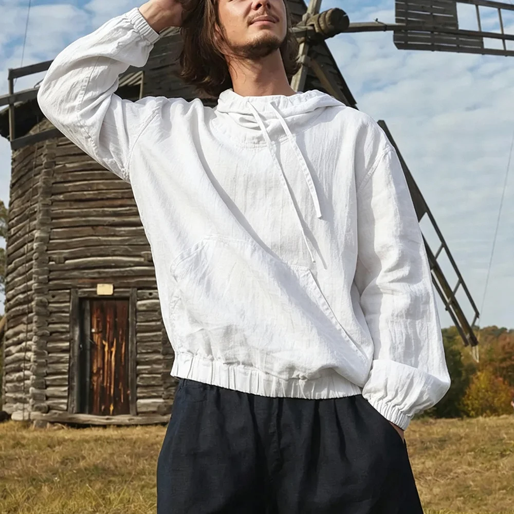 Men's Autumn Hoodies Long Sleeve Cotton Linen-like Solid Color Elastic Fashion Design Hooded Sweatshirt Male Streetwear