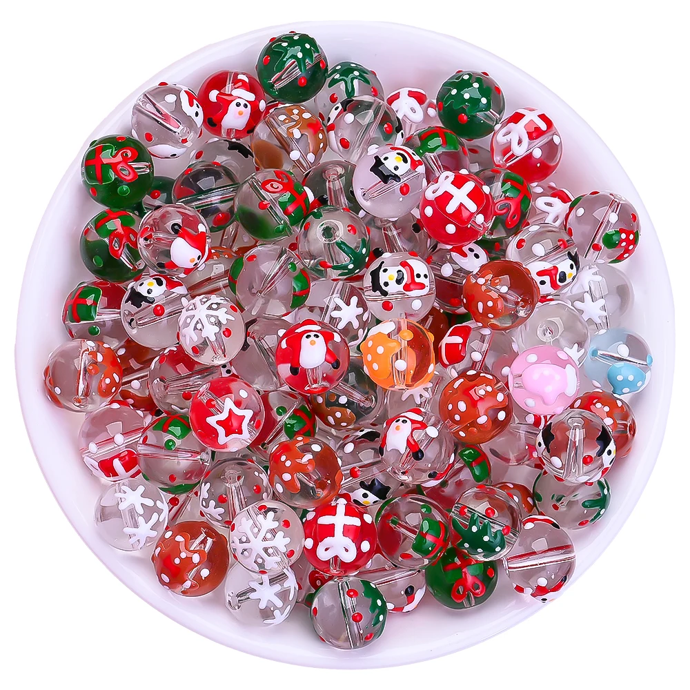 15Pcs Hand Painted 12mm Christmas Clear Glass round Beads Mixed Santa Snowflake Design for DIY Xmas Jewelry Craft Making