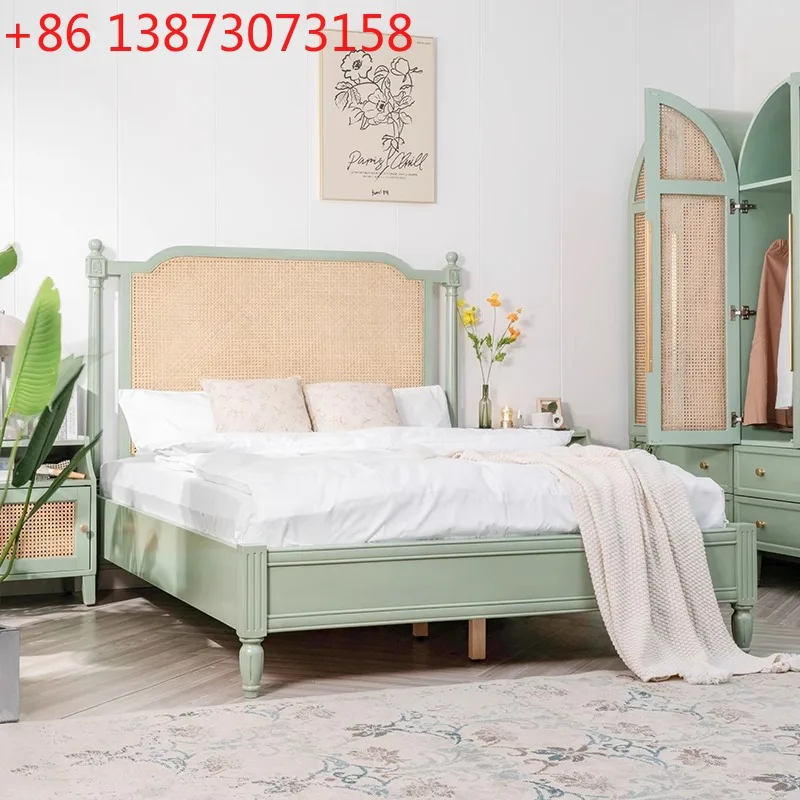 

Nordic cream style solid wood rattan bed home bedroom 1.8 meters double bed ins wabi-sabi style hotel B&B bed