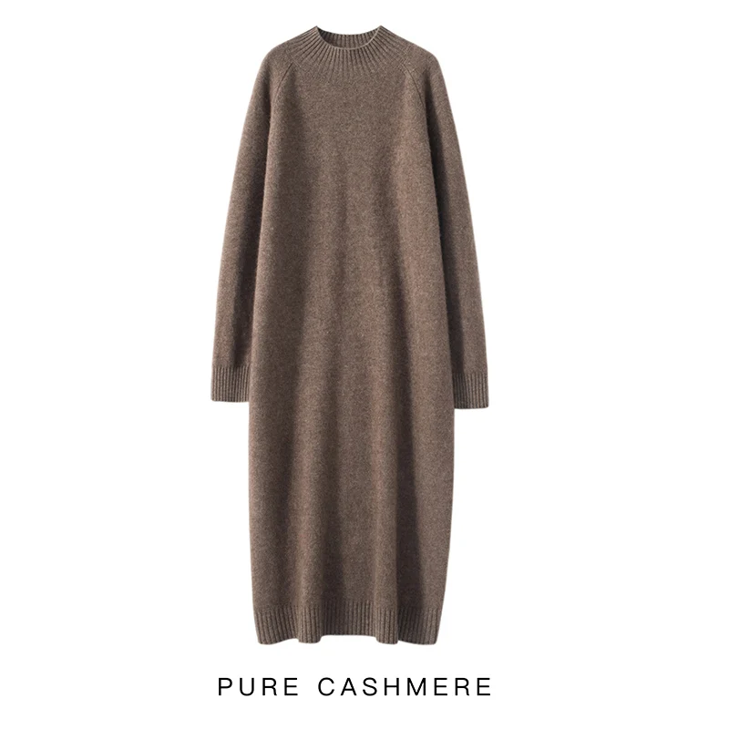 High-end New 100% Pure Cashmere Long Sweater Dress Women Loose Large Size Knitted Dresses Female Fashion O-Neck Pullover 3Colors