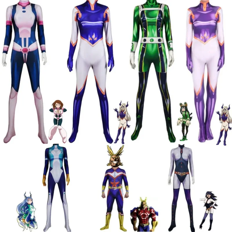 أزياء أنيمي بطلي الأكاديمية الكل · مايت Asui Tsuyu Ochaco Uraraka Mt Lady أزياء تنكرية بدلة ضيقة للرجال والنساء بدلة الهالوين