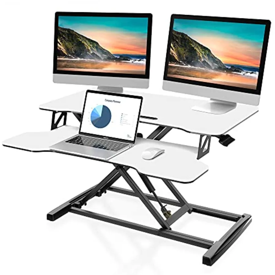 

Height Adjustable Standing Desk for Home Office: White Steel Frame, 32 Wide Sit-to-Stand Converter with Dual Monitor Riser and