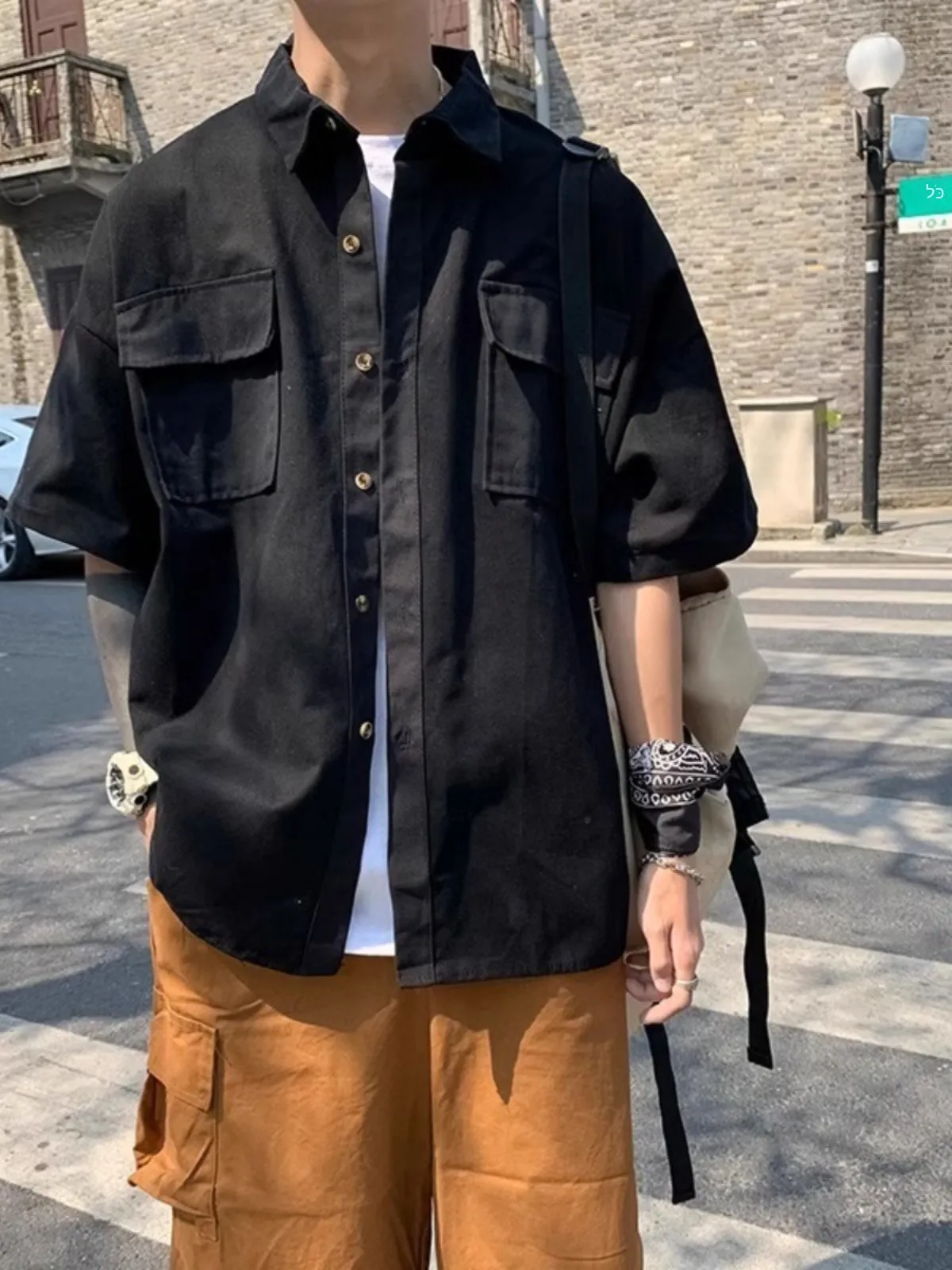 

Extra Large 300 Pounds Men's Ins Trendy Short Sleeve Workwear Shirt Jacket Summer Loose Five Sleeve Shirt Breathable Youth Fa...