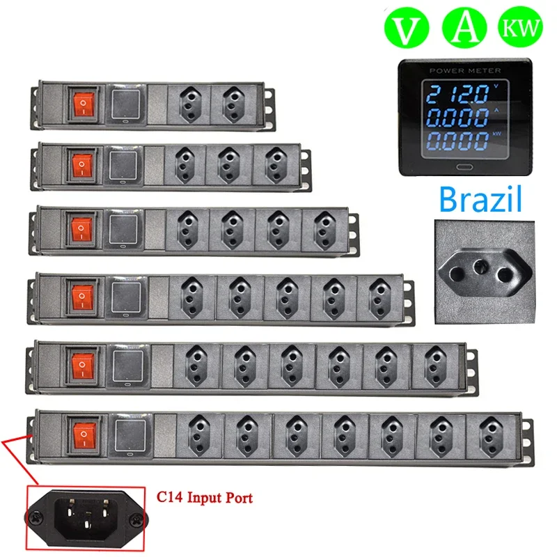PDU Power Strip 2-8Ways Brazilian socket Voltage Current Power Consumption Meter Wattmeter Switch For cabinet rack mount