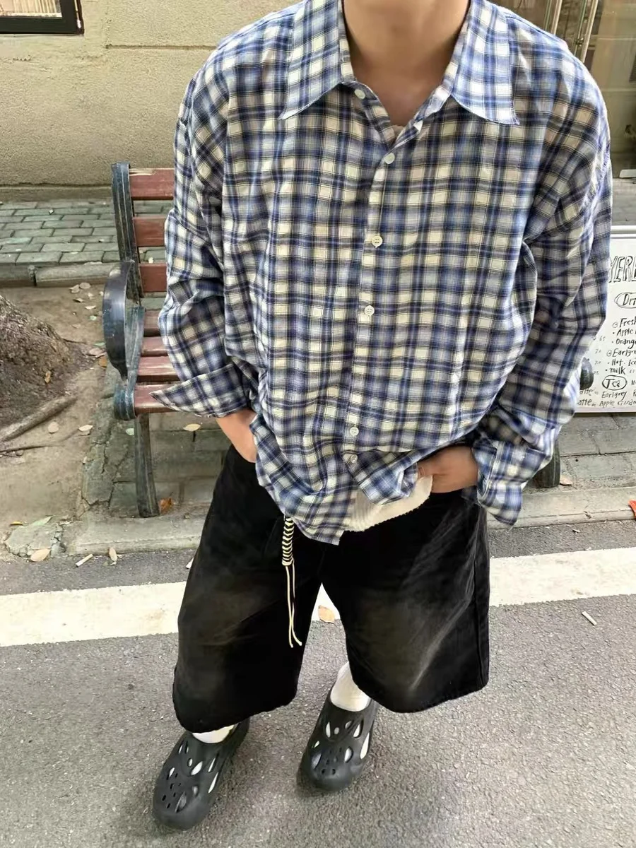 

American Retro Brued Plaid Men's Spring Autumn Loose Casual irt Cleanfit Korean Sle Couple's Outerwear Long Sve