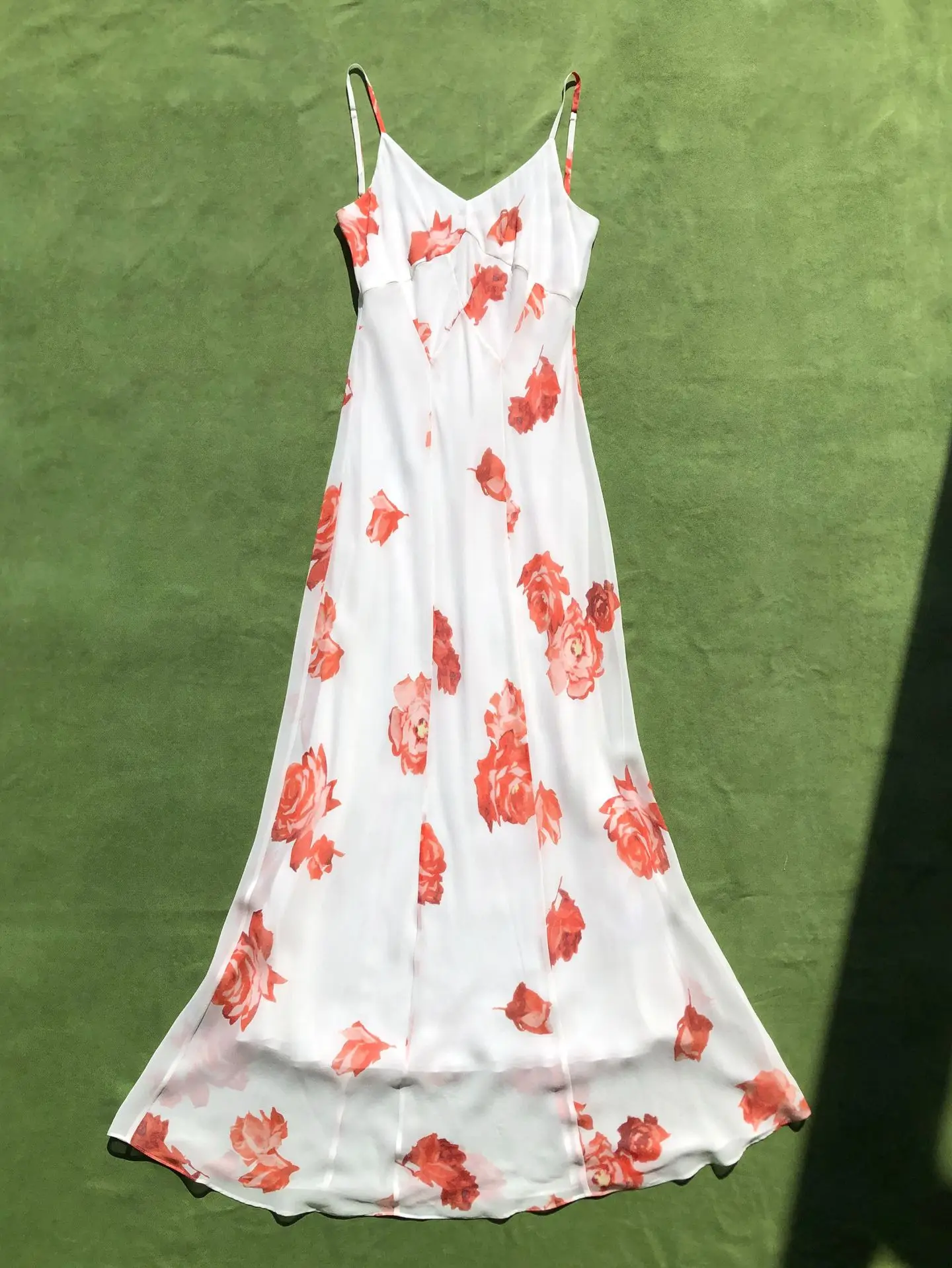 Rose Print Women 100% Silk Sling Robe Diagonal Cut V-Neck Sleeveless Holiday Slim Maxi Dress