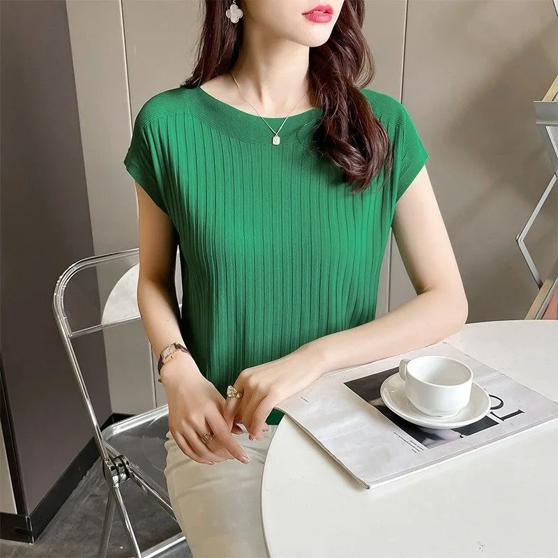 ฤดูร้อนถักเสื้อกันหนาวแขนกุดผ้าไหมน้ําแข็งสีทึบเกาหลีแฟชั่นสไตล์ Tee Casual O คอเสื้อผ้าหญิง