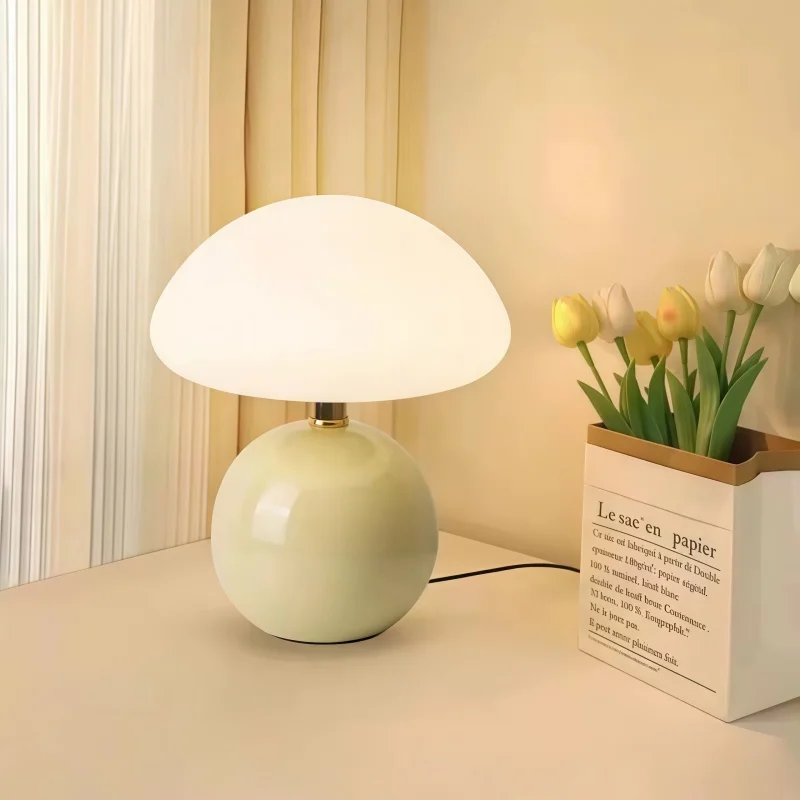 French Cream Mushroom Table Lamp, High-End Warm Atmosphere Sleep Night Lamp for Bedside Bedroom, LED Ceramic Small Table Lamp