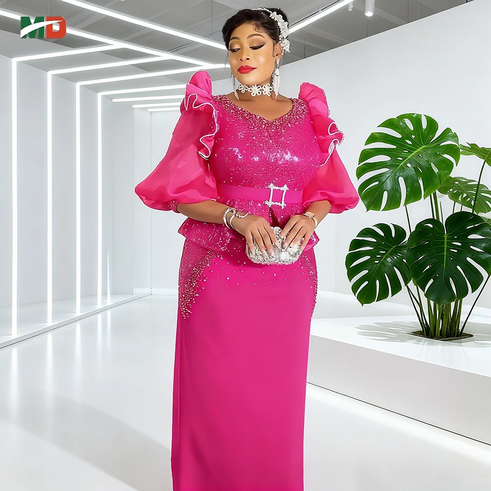 

MD Plus Size African Women's Sequin pearl Dress with Ruffled Puff Sleeves V Neck Design Robe with Belt For Wedding Galas Party