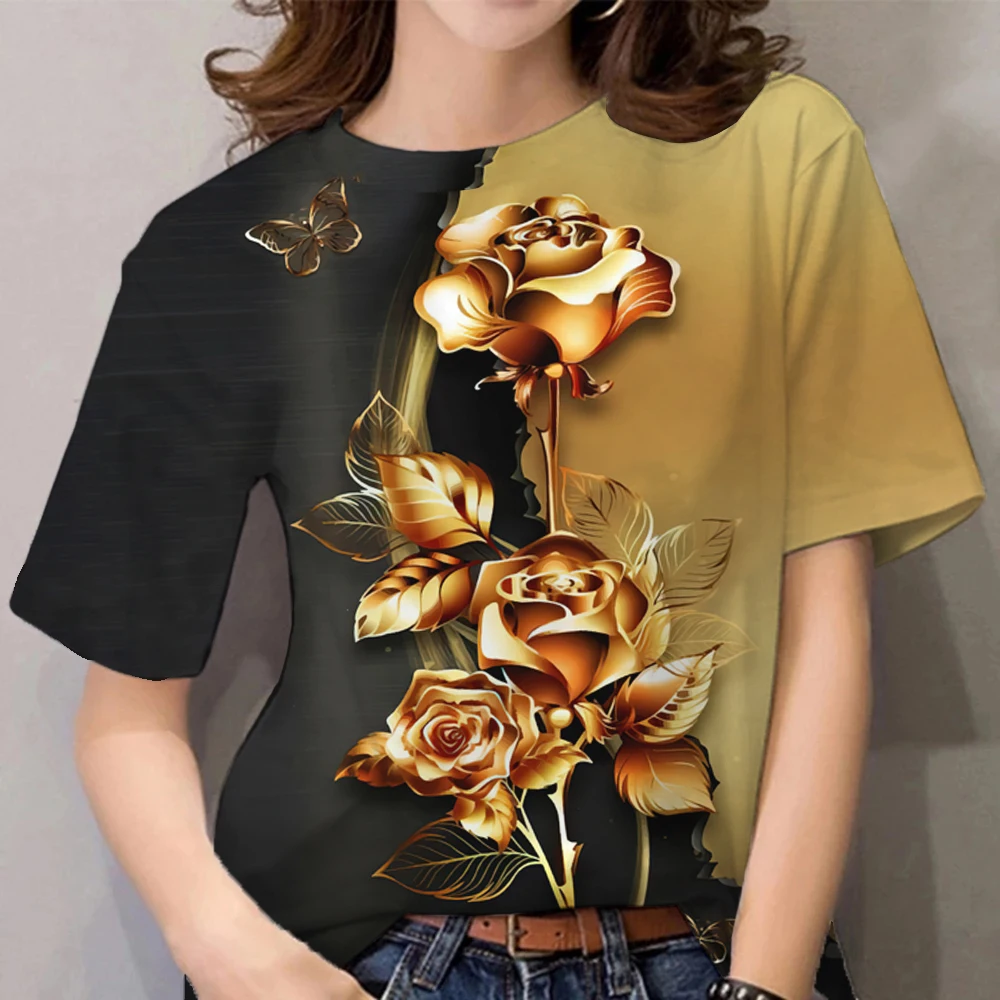 

2023 New Luxury Women's T shirt Floral Print Harajuku Clothes O Neck Casual Short Sleeve Tees Daily Y2k Blouse Oversized Tops