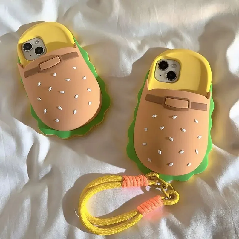 3D personalized creative fun hamburger slipper shaped silicone phone case, compatible with iPhone 16/15/14/13 Pro Max.