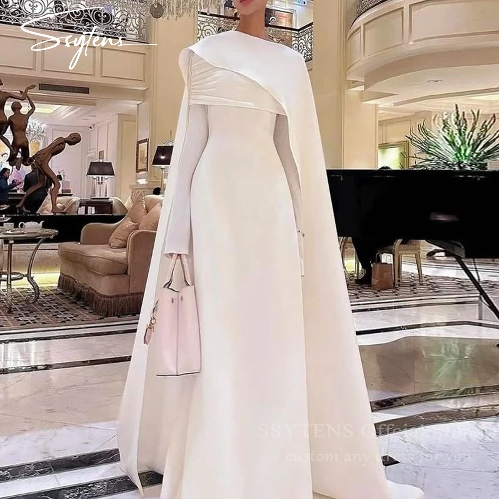 

SSYTENS Customized Elegant Long Sleeves Evening Dresses O Neck A Line with Cape Wedding Party Dress Long Saudi Arabic Prom Gowns