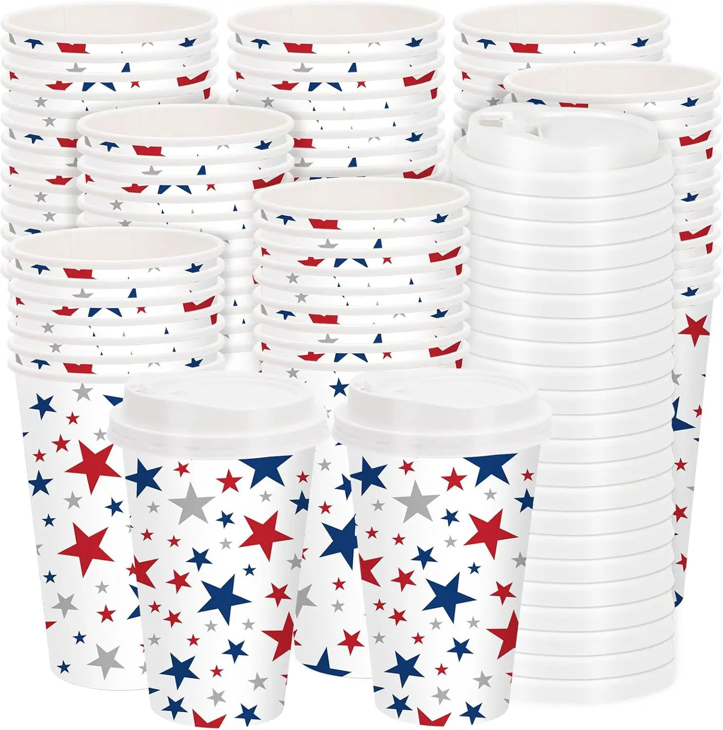 

50Pcs Patriotic Disposable Coffee Cup with Lid 16Oz Red Blue Star 4th of July To Go Paper Cup Independence Day Drinking
