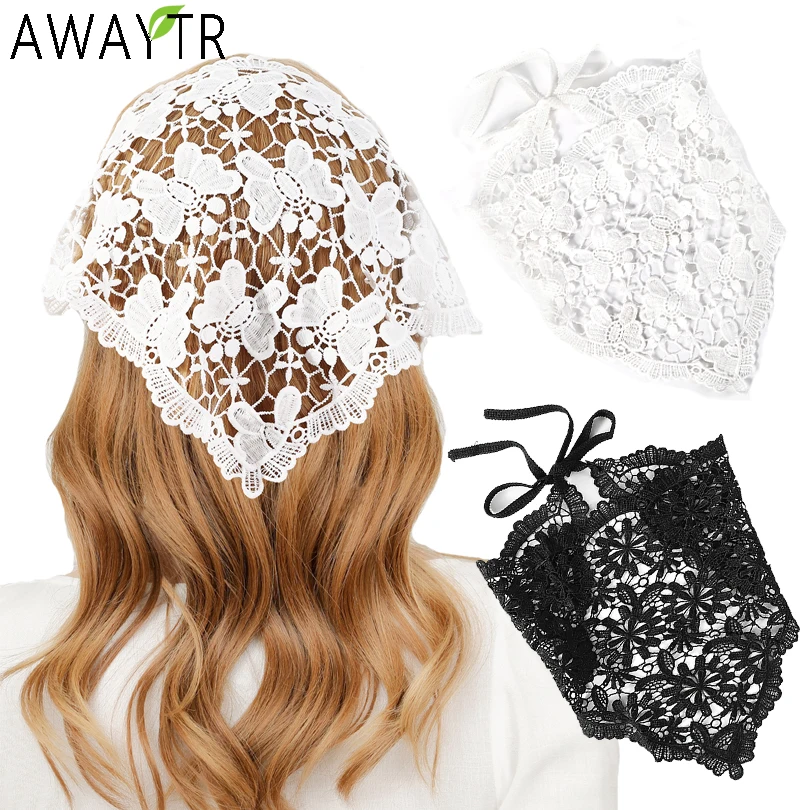 Crochet Hair Scarf Bands Black White Turban Headband Lace Hollow Flower Butterfly Headwrap Bandanas for Women Hair Accessories