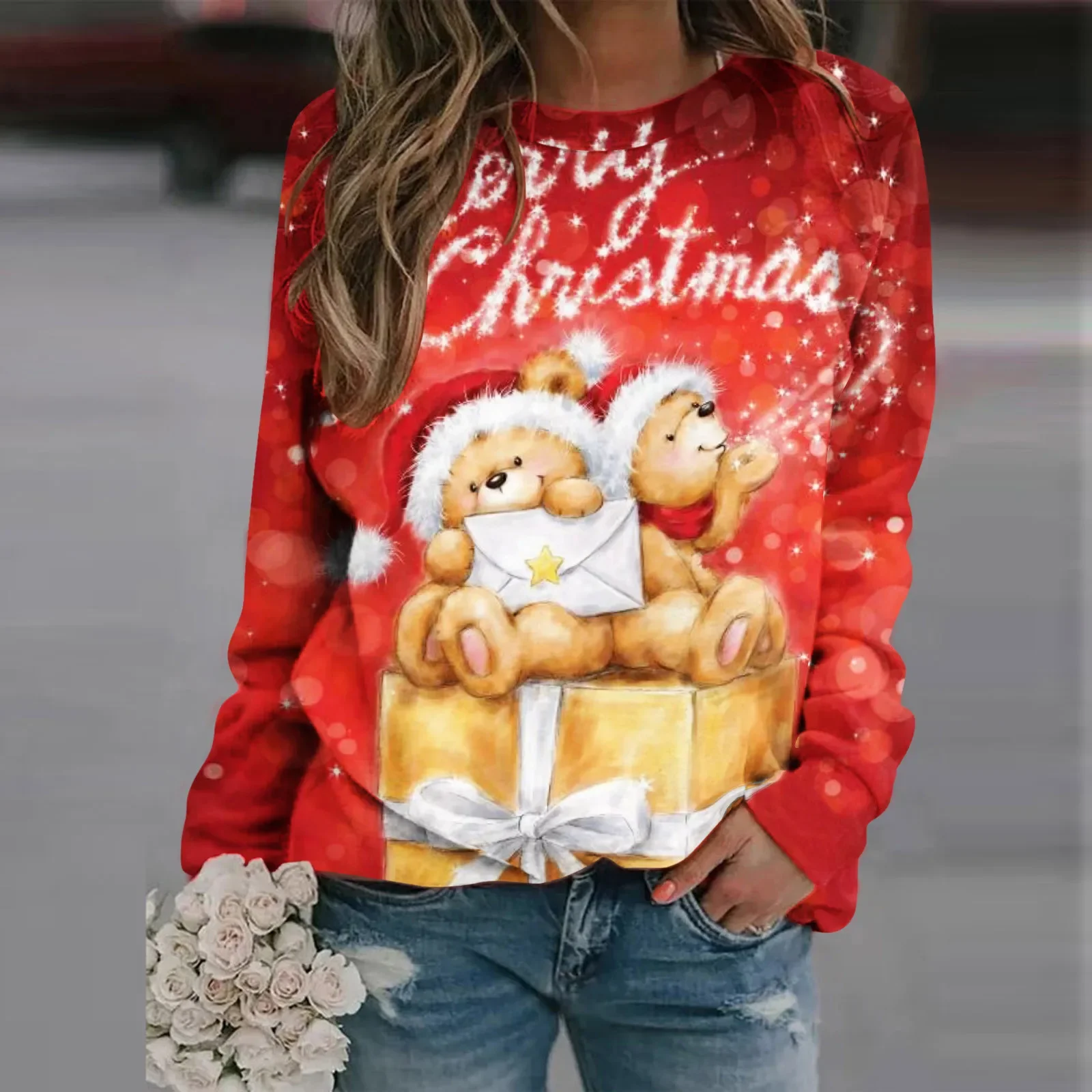 2024 Christmas Series Women\'s Autumn and Winter Casual Fashion Printed Long Sleeve Round Neck Pullover Large Size Sweatshirt