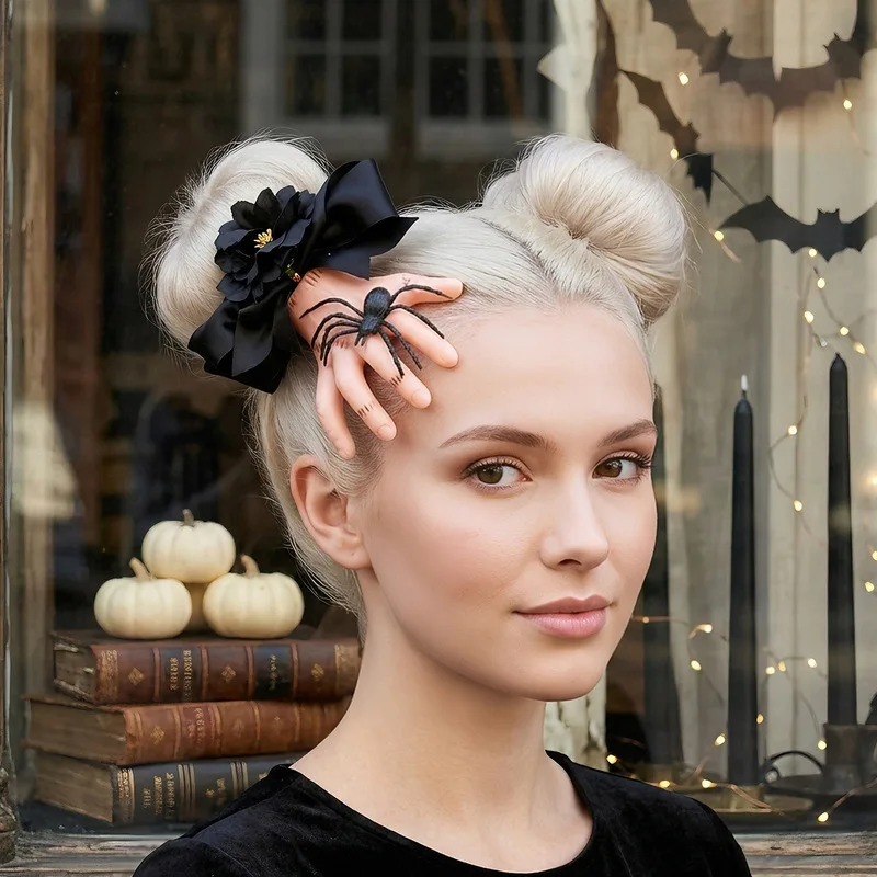 Vintage Halloween Decoration Simulated Severed Hand Hairpin Black Bowknot Spider Claw Hairpin Dark Style Hairpin