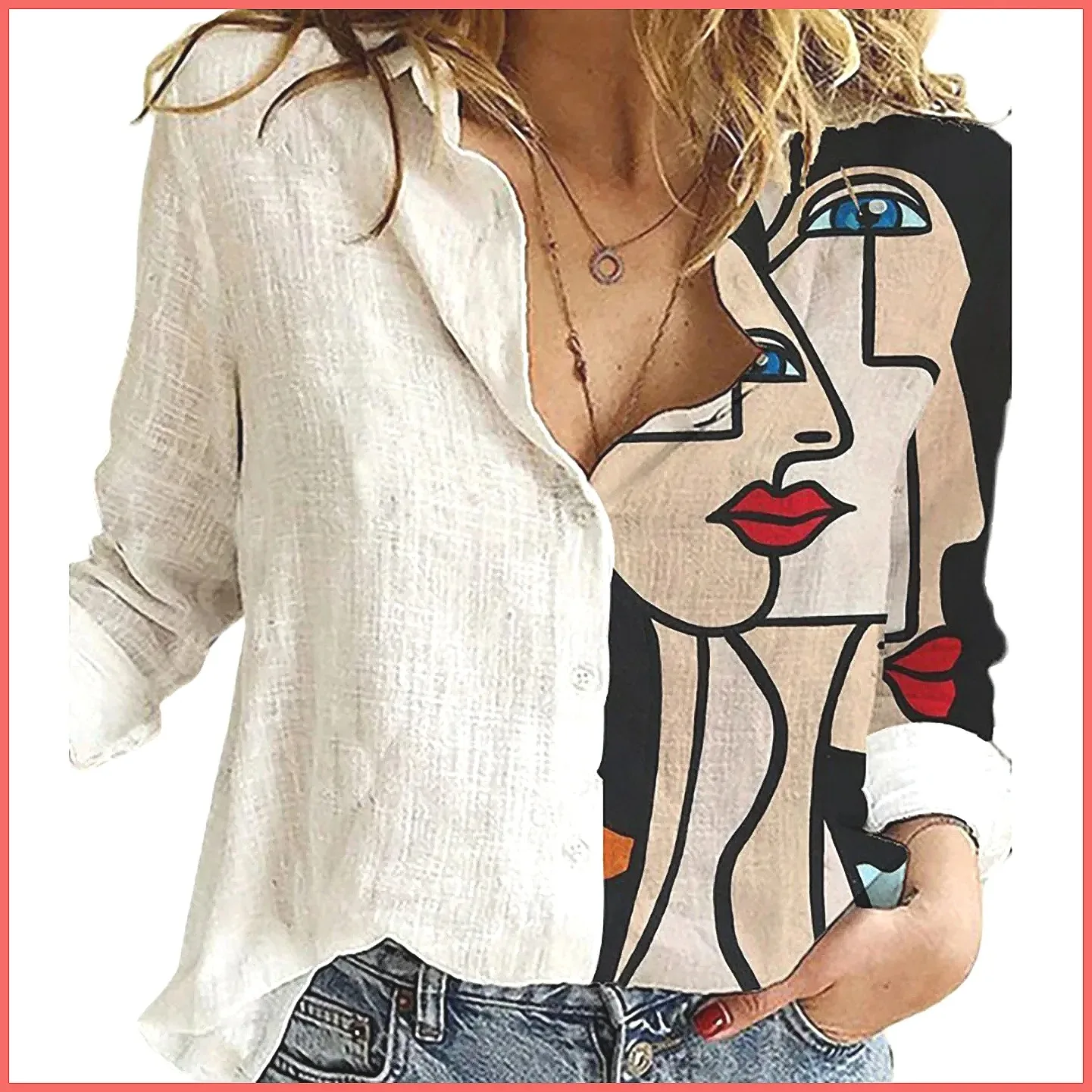 

Vintage Cartoon Print Patchwork Blouse - Loose Casual Shirt for Women, Office & Spring Summer Tops