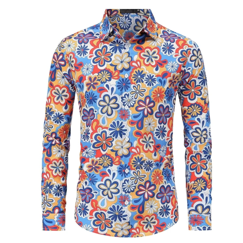 Chemise à manches longues pour hommes, imprimé ethnique des années 70, Chang Hip Hop, chemise décontractée pour hommes, bouton social, chemise vintage florale Paisley