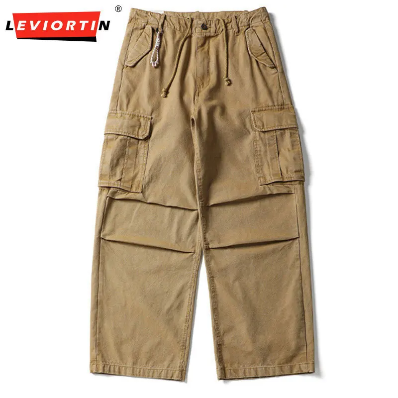 American fashion brand workwear casual pants for men with knee folds paratroopers with multiple pockets loose straight leg pants