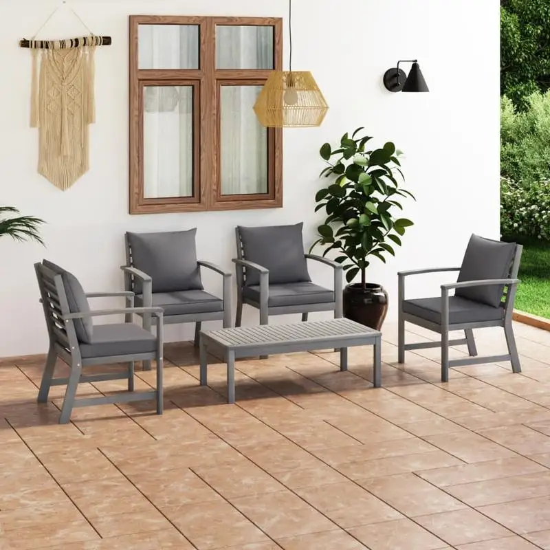 vidaXL Ensemble de meubles de jardin d'extérieur en bois d'acacia massif, canapé de patio imperméable 5 pièces avec coussins gris pour la détente dans la cour, le balcon ou la terrasse