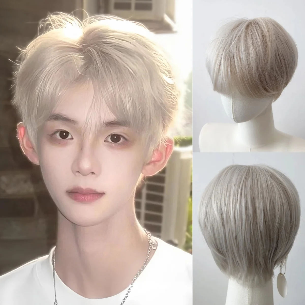 White Wig man Short Hair Wigs with Bangs Sissy High Temperature Fibres Synthetic Wigs for Cosplay Daily Use Wear and Go