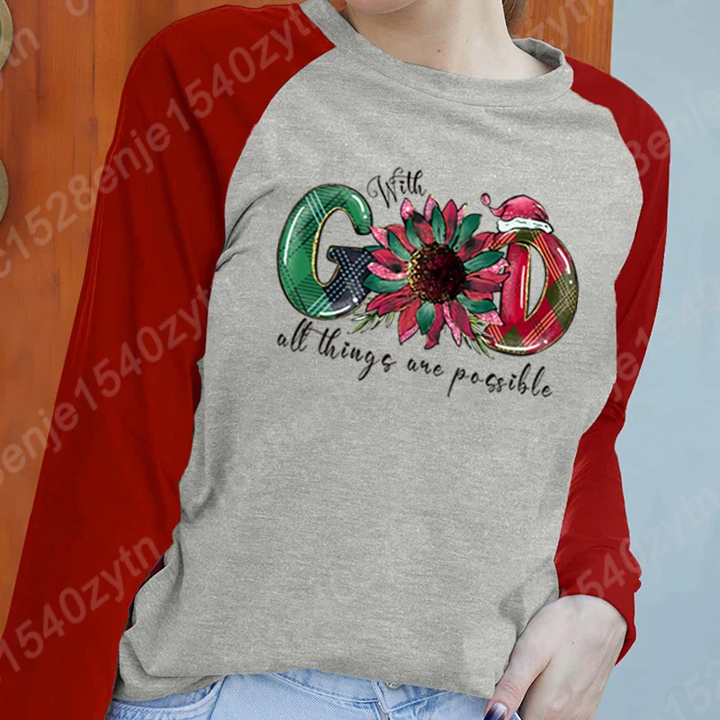 Autunno inverno abbigliamento natale con dio tutte le cose sono disponibili felpa con stampa t-shirt a maniche lunghe da donna girocollo Pullover