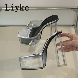 Liyke Runway Style Transparent Platform Slippers Women Sexy Buckle Square Toe Party Stripper Shoes Clear High Heels Sandals Lady