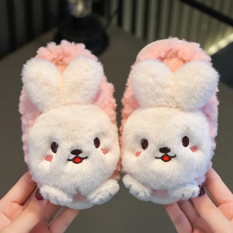 New Winter Plush Slippers Children\'s Cute Rabbit Non-slip Soft Sole Kids Girls Cashmere Parent-child Heel Wrap Warm Home Shoes