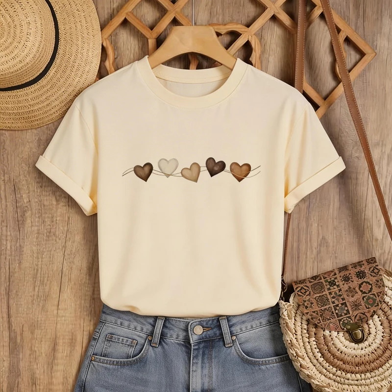 Elegantes, mit Herzmuster bedrucktes Y2K-Freizeit-T-Shirt für Damen, Sommer-T-Shirt mit Rundhalsausschnitt und kurzen Ärmeln für Damen, grafische Oberteile, Kleidung