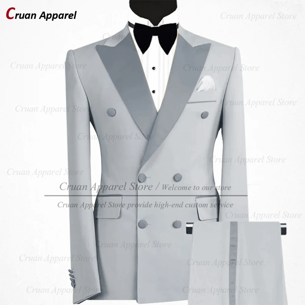 Fashion Grey Suits for Men Slim Fit Formal Double Breasted Homecoming Wedding Suit Blazer Pants 2 Pieces Luxury Mens Tuxedos Set