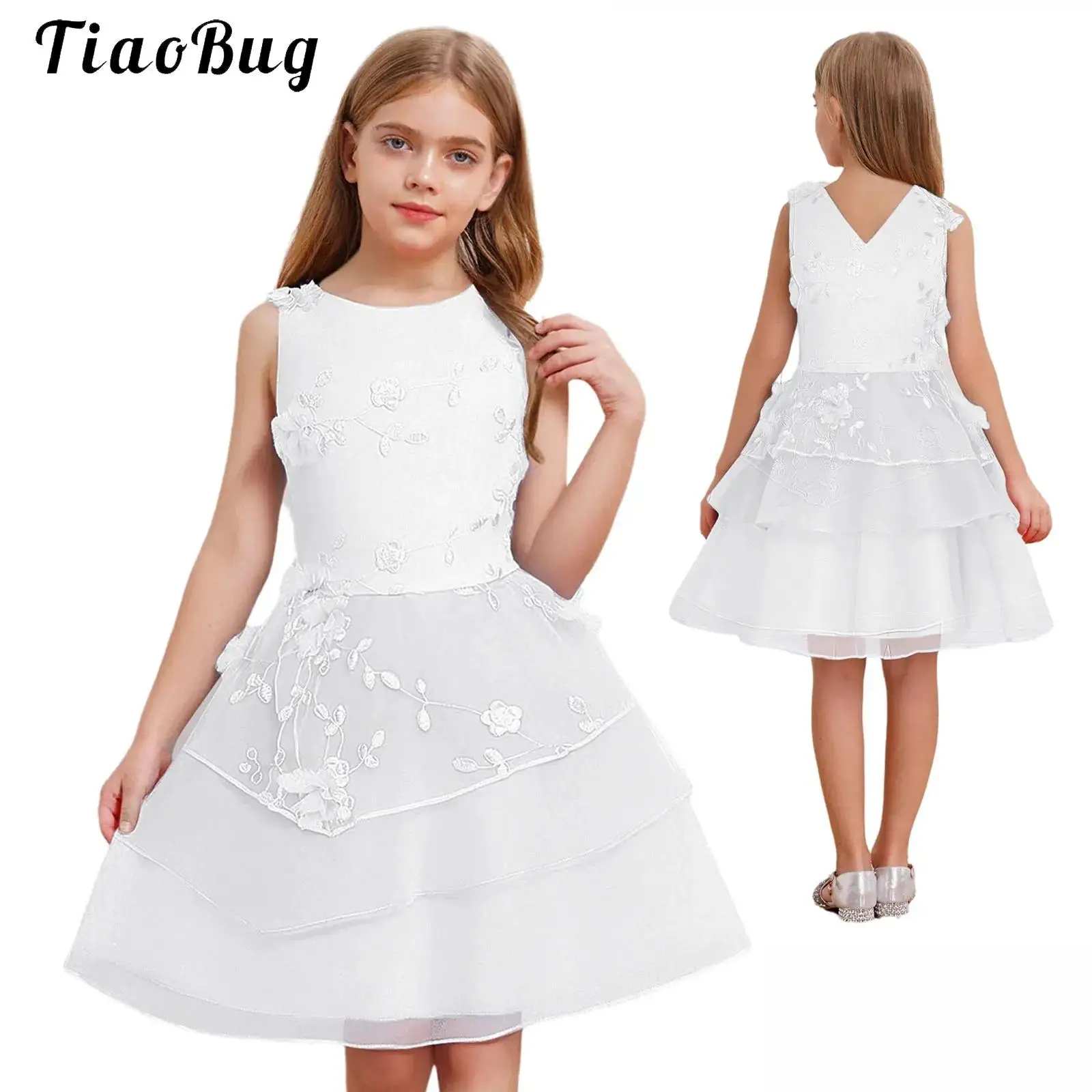

Kids Flower Girls Floral Embroidered Dress Elegant Sleeveless Layered Tulle Blue Dress for Wedding Bridesmaid Birthday Party