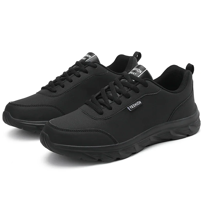 Men's Running Shoes Black PU Upper Flat and Comfortable Walking Shoes Lightweight and Wide Footed Casual Sports Leather Shoes