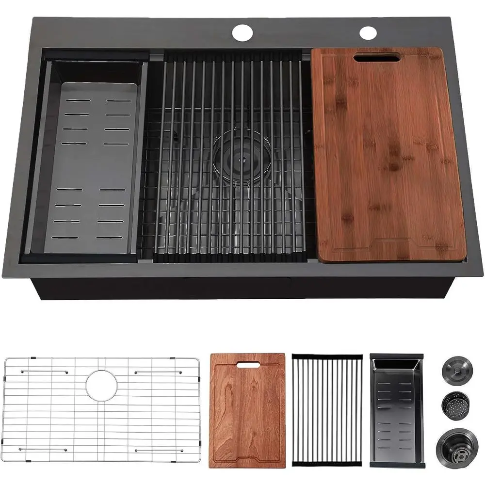 

Кухонная мойка из черной нержавеющей стали с одной чашей, монтируемая сверху, с аксессуарами, глубина 9 дюймов, толщина 16 калибра