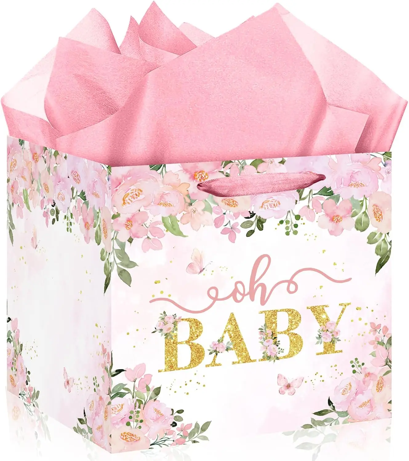 

Large Baby Gift Bag, Pink Floral Square Gift Bags Baby Shower Wrapping Paper Bag with Tissue Paper Oh Baby Jumbo Gift Bags for S