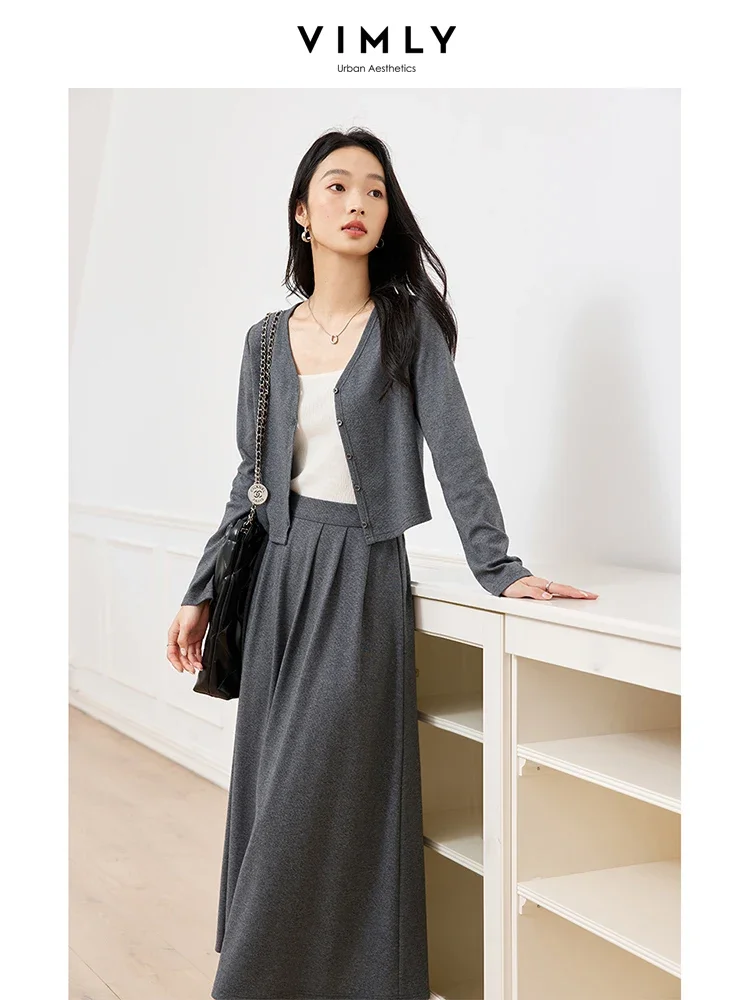 VIMLY Women's Autumn 2 Piece Outfits Commuter Skirt Set Fashion V-Neck Cardigan Shirt Jacket Simple Socialite A-line Skirt M8561