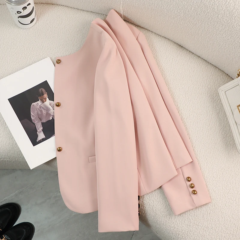 Round Neck Pink Blazer Women 2024 Fall Fashion OL Commuter Career Long-sleeved Elegant Black Suit Jacket Japanese Cropped Tops