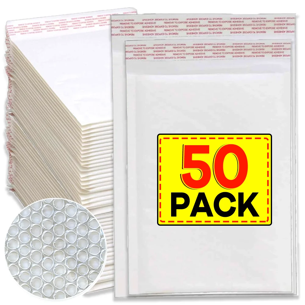 

50-10Pcs White Kraft Bubble Mailers Self-Sealing Storage Paper Envelope Waterproof Cushioned Padded Foam Shipping Packaging Bags
