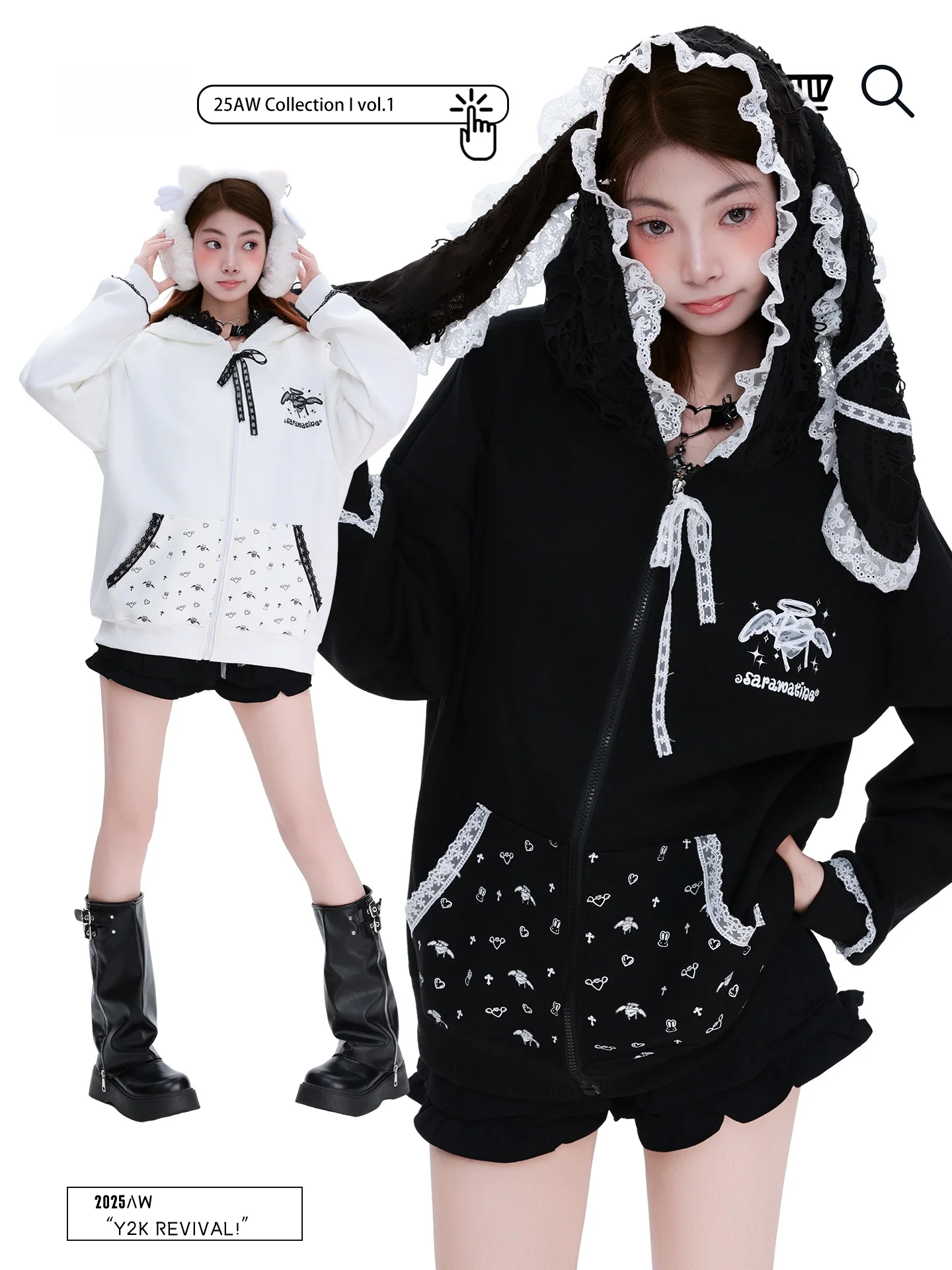 

PBB Lace Splice Subculture Rabbit Ear Hoodie Women's Dopane Gentle Agel Zipper Jaet Loose Fit Embroidered Long Sve
