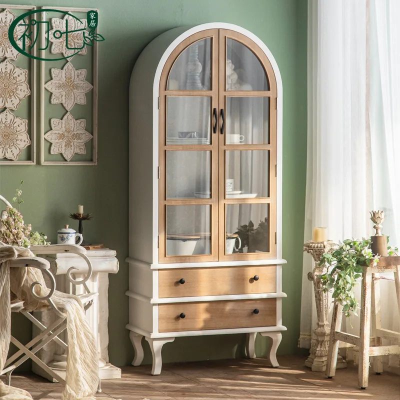 

American retro kitchen storage cabinet pastoral dining side cabinet homestay storage cabinet solid wood living room wine display