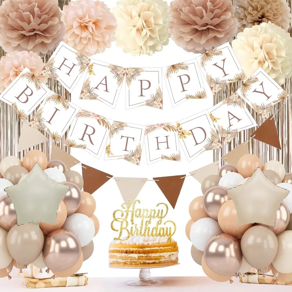 

Birthday Decorations for Women - Beige Cream Neutral Balloons, Boho Party Banner, Happy Birthday Decor for Girls
