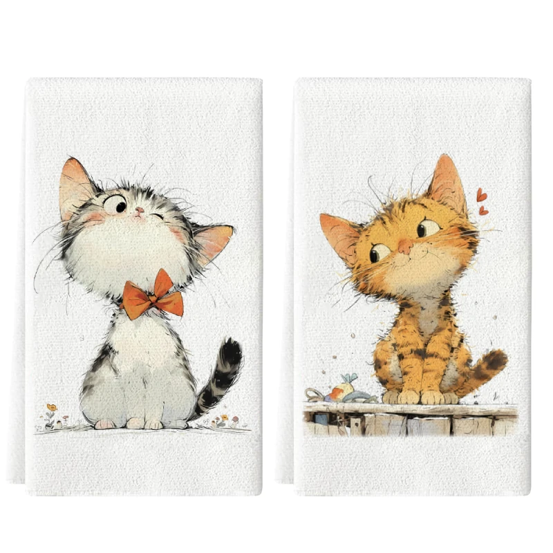 2Pcs, Hand-Painted Bow-Tie Cat + Heart-Shaped Tabby Cat Kitchen Towels, 40Cm*60Cm Towel Set, Super Absorbent Soft Cleaning Cloth, Cooking and Baking Tea Towel, Hand Towel, Cleaning Cloth, Dishcloth, Kitchen Decoration, Living Room Decorations, Kitchen Essentials, Home Essentials