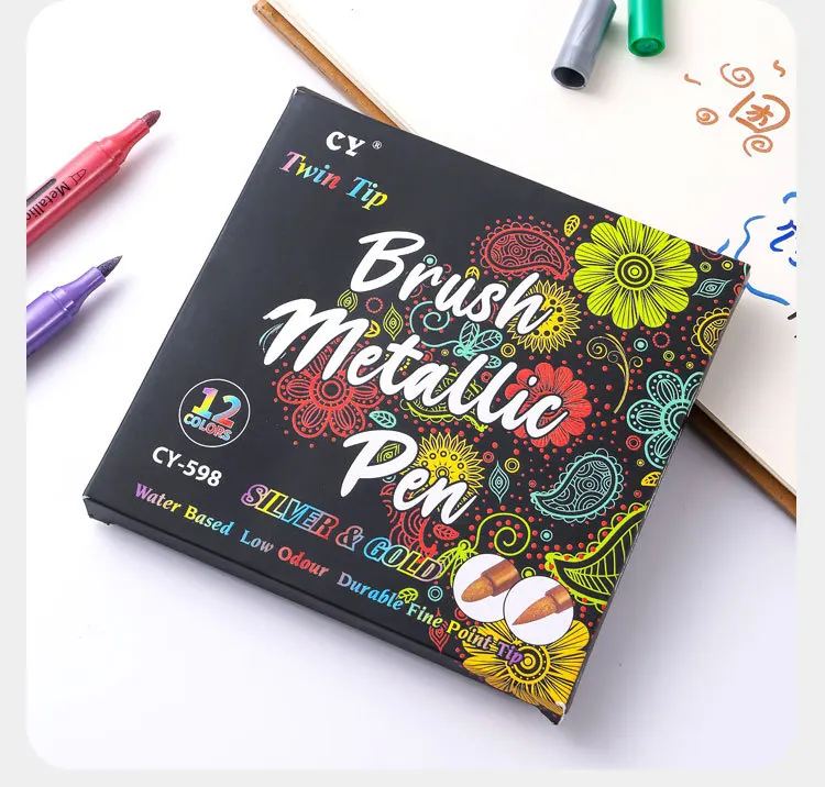 12Colors Double-Ended Metallic Acrylic Markers, Waterproof Signature Pens, DIY Painting Graffiti Water-Based Markers