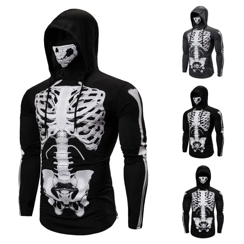 Autumn New Men's Elastic Personality Ninja Suit Hooded Halloween Cosplay Long-sleeved T-shirt Skeleton Skull Mask Slim Tops