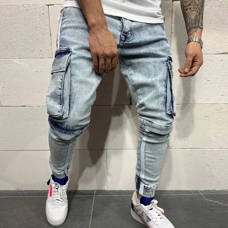 Multi Pocket Men's Pants Jeans 2023 New Straight Cycling Loose Blue with Side Pockets Casual Men Clothing