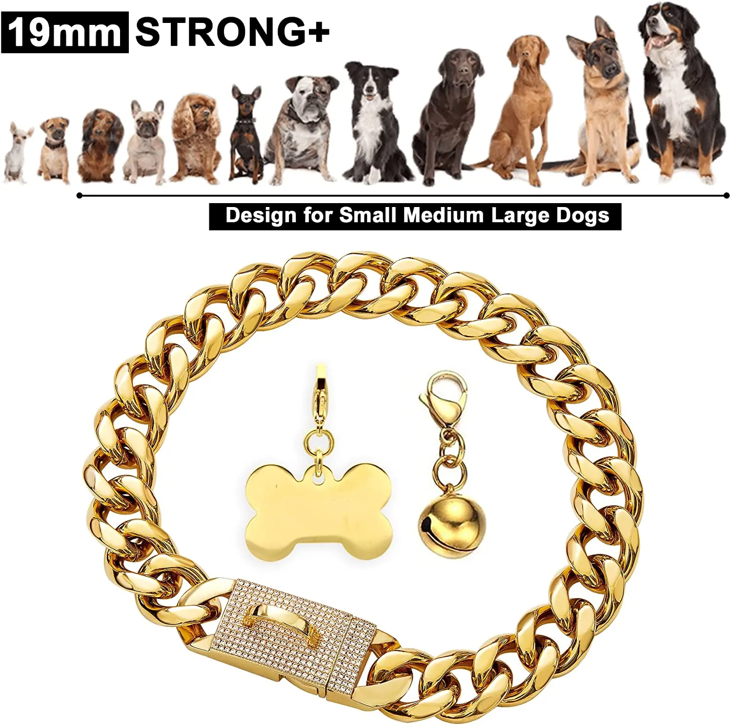 Gold Tone Dog Chain Collar Stainless Steel Cuban Link Chain Dog Collar with ID Tag and Bell for French Bulldog Pitbull 15/19mm