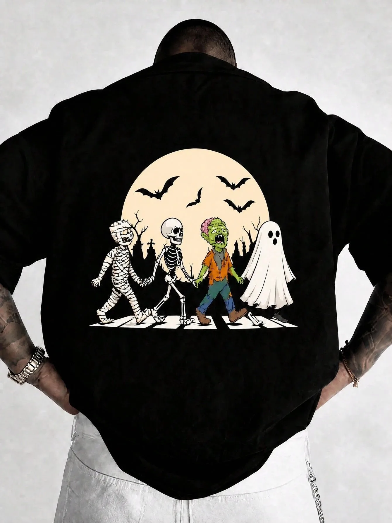 Halloween Monster Road Travel T-shirt Unisex Mummy Skeleton Zombie Ghost Retro Car Bat Pumpkin Back Printed Pattern T-shirt