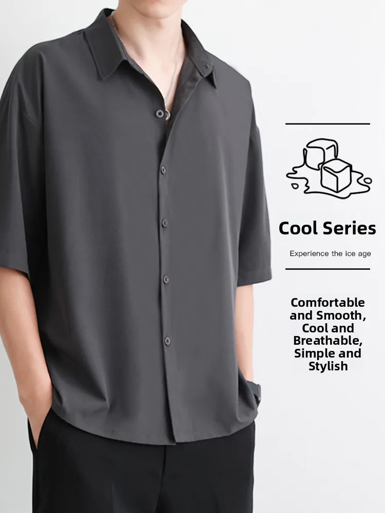 

Мужская повседневная рубашка из ледяного шелка с коротким рукавом, свободного кроя, летняя, тонкая, на пяти пуговицах, молодежная, модная, стандартной длины, на пуговицах