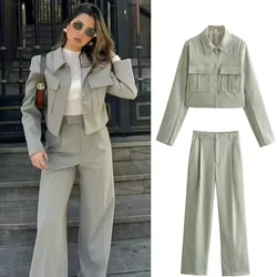 2024 Spring Summer Casual Women Solid Suits Fashion Streetwear Pockets Turn-down Collar Short Jackets+Chic Wide leg pants