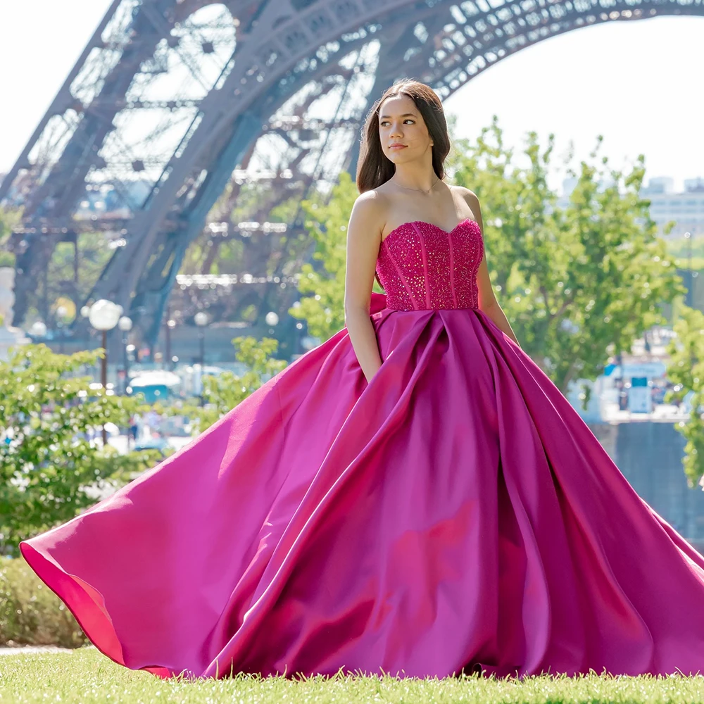 

Customized Strapless Pink Floor Evening Dress Sleeveless With Sequined Satin Party Dress A-line Floor Length Prom Gown For Women