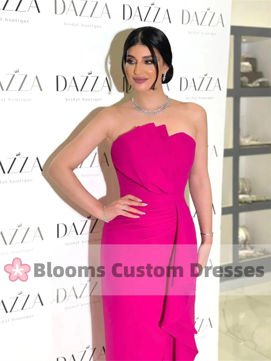 Blooms Strapless Customized Evening Dress Elegant Women Ruffles Side Slit Party Dress 2024 Sleeveless Fuchsia Prom Gown